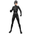 One young superhero slim girl in full black super suit