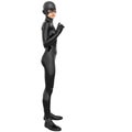 One young superhero slim girl in full black super suit