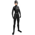 One young superhero slim girl in full black super suit