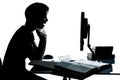 One young teenager boy girl silhouette studying with computer c Royalty Free Stock Photo