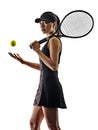 Young tennis player asian woman isolated white brackground silhouette Royalty Free Stock Photo