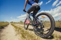 One young woman - an athlete rides on a mountain bike outside of town in a pine forest Royalty Free Stock Photo