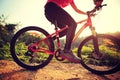 Woman cyclist riding mountain bike on forest trail Royalty Free Stock Photo