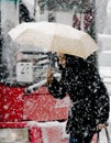 One young women walking under umbrella in heavy snowfall in city street