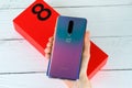 OnePlus 8 smartphone in interstellar glow color. Manhattan, New York, USA May 4, 2020.