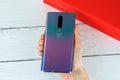 OnePlus 8 smartphone in interstellar glow color. Manhattan, New York, USA May 4, 2020.