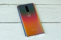 OnePlus 8 smartphone in interstellar glow color. Manhattan, New York, USA May 4, 2020.