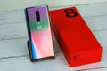 OnePlus 8 smartphone in interstellar glow color. Manhattan, New York, USA May 4, 2020.