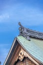 Onigawara (goblin mask tile) and Gegyo (gable) of Kanchi-in Shingon Buddhist temple located in Kyoto, Japan