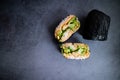 Onigiri sandwich on concrete background. Japanese food. Top view