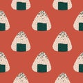 Onigiri seamless vector pattern. Japanese rice balls with nori seaweed, seafood stuffing, sesame seeds. Delicious Asian snack,