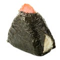 Onigiri triangle sushi ball with rice wrapped nori seaweed and salmon isolated on white background, popular and famous Asian food Royalty Free Stock Photo