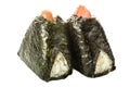 Onigiri triangle sushi balls with rice wrapped nori seaweed, caviar and salmon isolated on white background, Asian food, Japanese Royalty Free Stock Photo