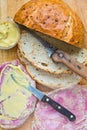 Onion bread with headcheese and mustard Royalty Free Stock Photo