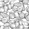 Onion bulbs, leek, seamless pattern outline hand drawn
