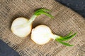 Onion cut in half stands on a burlap. Top views Royalty Free Stock Photo