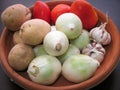 Onion Garlic Potato Tomato Vegetables. Closeup of fresh organic vegetables in a clay dish Royalty Free Stock Photo