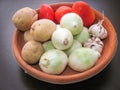 Onion Garlic Potato Tomato Vegetables. Royalty Free Stock Photo