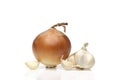 Onion and garlic on white background