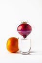 Onion in a glass with water upside down Royalty Free Stock Photo