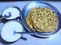 Onion paratha and curd tasty indian breakfast