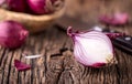 Onion. Red onions on very old oak wood board Royalty Free Stock Photo