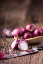 Onion. Red onions on very old oak wood board Royalty Free Stock Photo