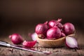 Onion. Red onions on very old oak wood board Royalty Free Stock Photo