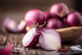 Onion. Red onions on very old oak wood board Royalty Free Stock Photo