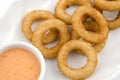 Fried onion rings in white plate on white background Royalty Free Stock Photo