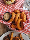 Onion rings basket in restaurant, vertical portrait view