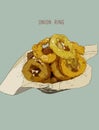 Onion rings on paper wrap in basket, Hand drawn Highly detail il