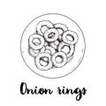 Onion rings on round white plate. Top view. Sketch drawing. Hand drawn fried snack. Street fast food vector illustration. Royalty Free Stock Photo