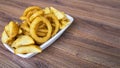 Onion rings served on a white dish,fast food products such as on Royalty Free Stock Photo