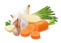 Onion, scallion, garlic, potato and carrot isolated on white background Royalty Free Stock Photo