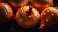 Onion seamless background with water drops, top view, flat lay. Generative AI