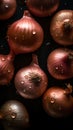 Onion seamless background with water drops, top view, flat lay. Generative AI