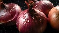 Onion seamless background with water drops, top view, flat lay. Generative AI