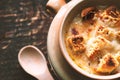 Onion soup in the ceramic pot cloth-up Royalty Free Stock Photo