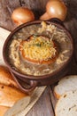 Onion soup with croutons and ingredients. Vertical Royalty Free Stock Photo