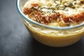 Onion soup with a toast in a glass bowl on a gray table Royalty Free Stock Photo