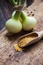 Onion spice in wooden scoop on old crannied wooden surface