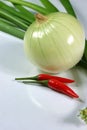 Onion, spring onions and couple chilli Royalty Free Stock Photo
