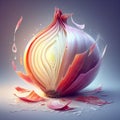 an onion with water splashes around it and pieces of pink petals all over the