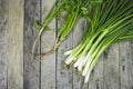 Onion welsh and coriander on wood plank