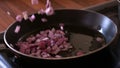 Onions being dropped into a frying pan