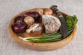 Onions, brown bread wooden tray with parsley and salt and celery Royalty Free Stock Photo