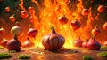 Onions Exploding in Fiery Chaos. A Spicy Apocalypse Royalty Free Stock Photo