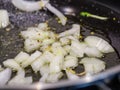 Onions are fried in a ceramic graphen black pan