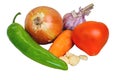 Onions, garlic, carrots, tomato, burning pepper isolated on a white background